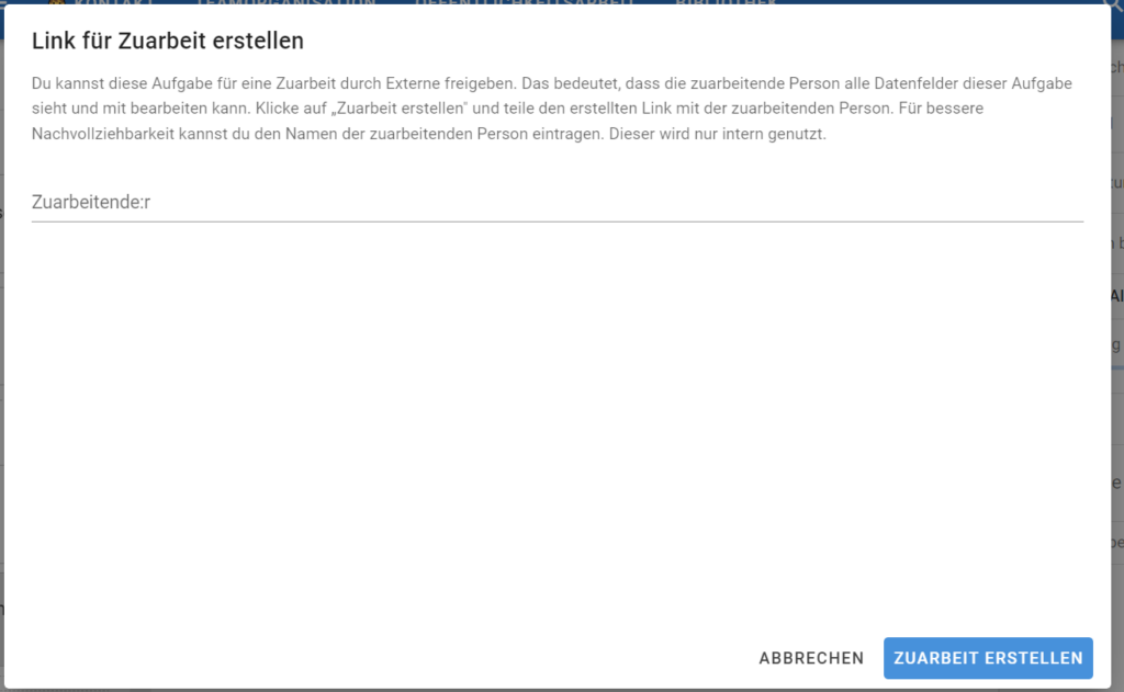 Screenshot des Dialogs für das Erstellen von Zuarbeiten